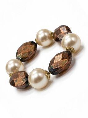 Chunky Stretch Faux Pearl & Marbled Faceted Bead Statement Bracelet